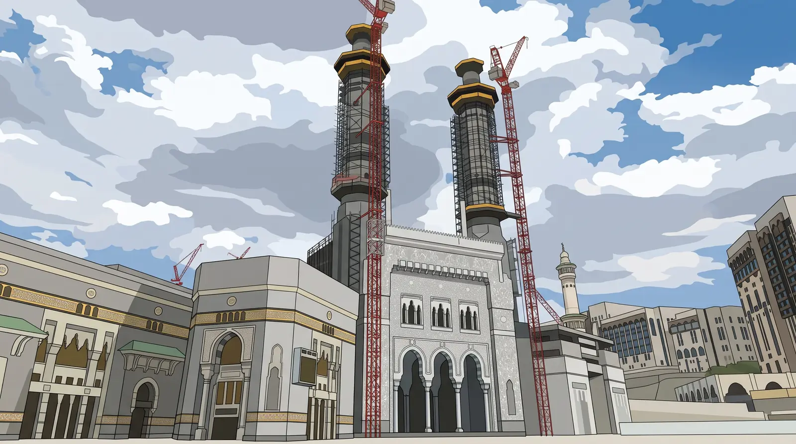 The arched outer wall and two tall minarets of the Masjid al-Haram under a sky of big white clouds