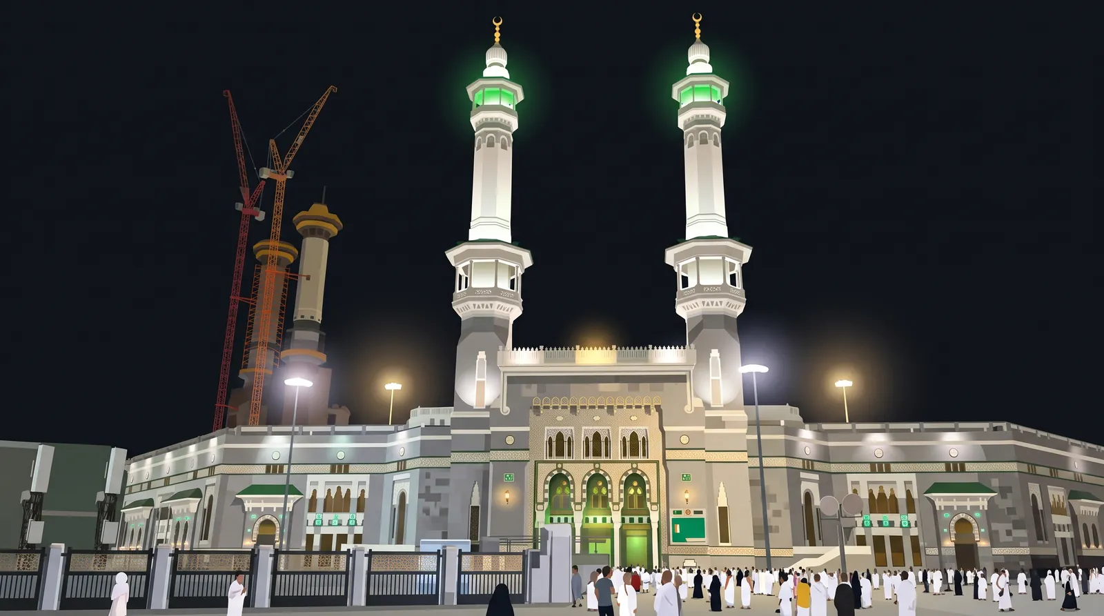 The front of Masjid al-Haram at night, with two tall white minarets lit green at the top