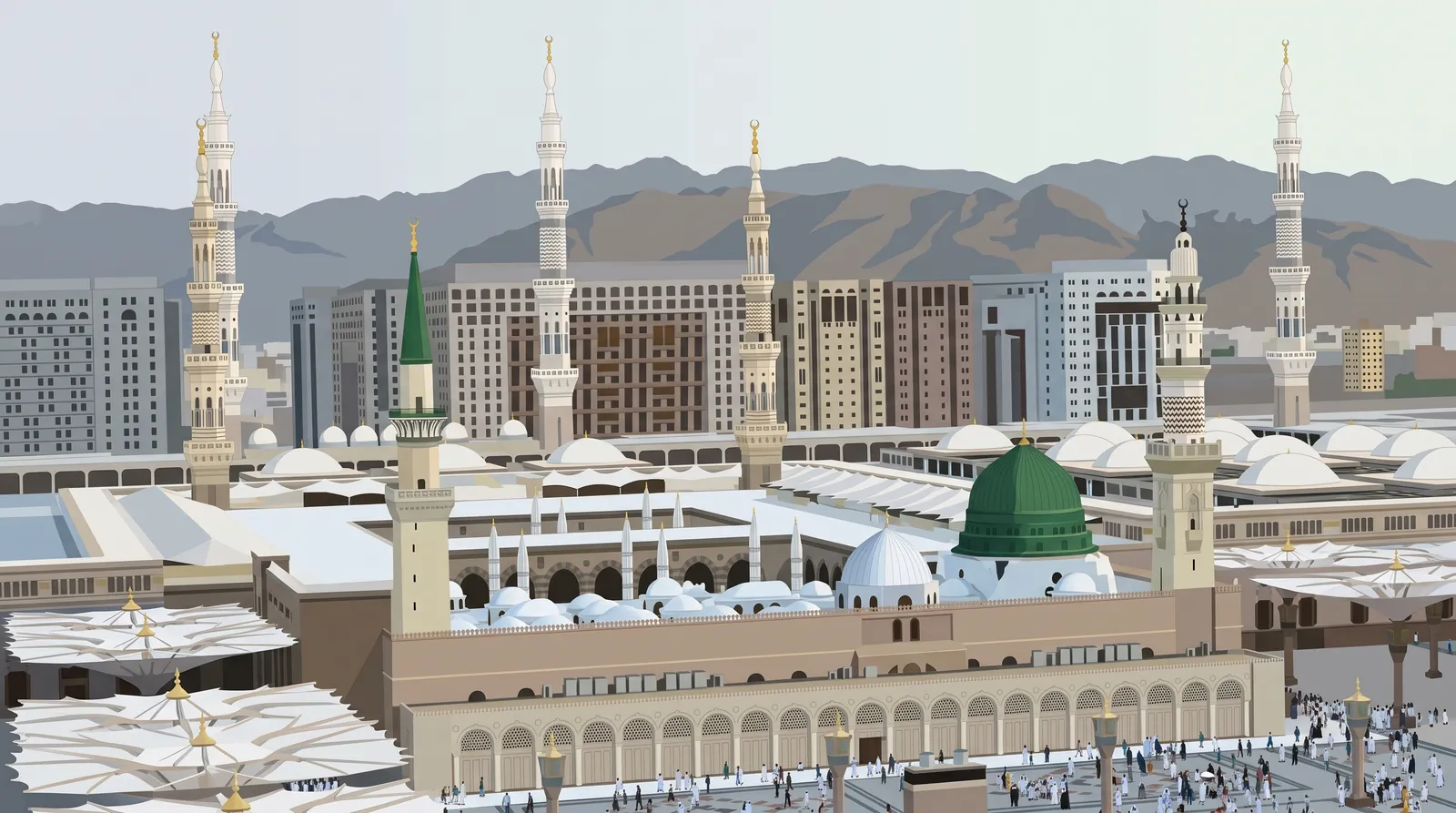 The Prophet's Mosque in Madinah from above, with its green dome, white minarets and a long mountain ridge behind