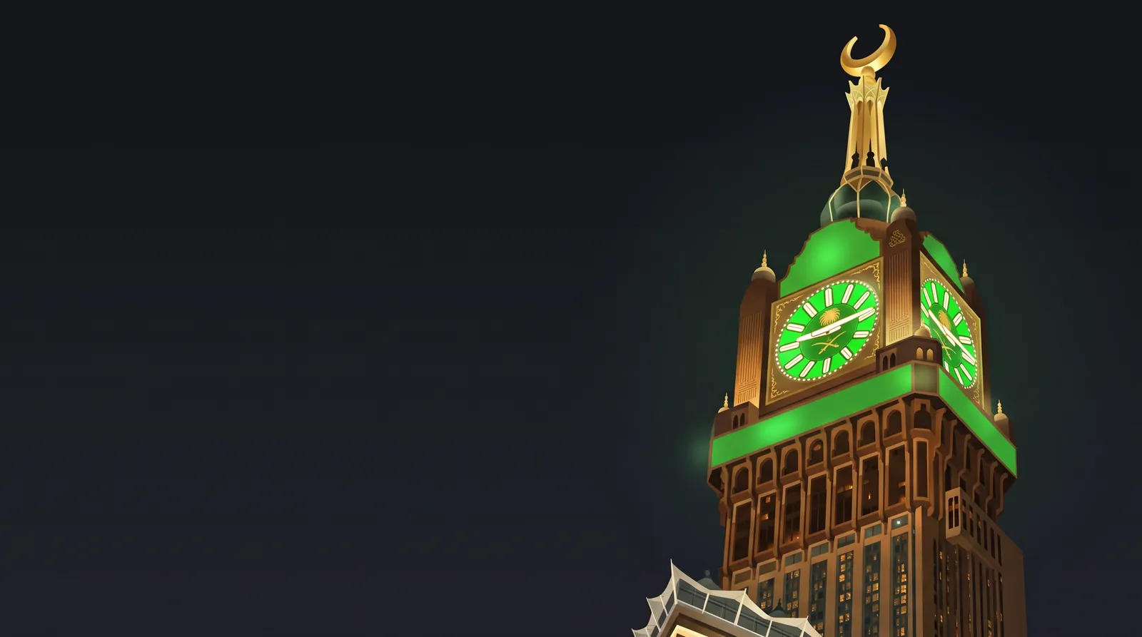 The top of the Makkah Clock Tower at night, with its clock faces lit green under a gold crescent