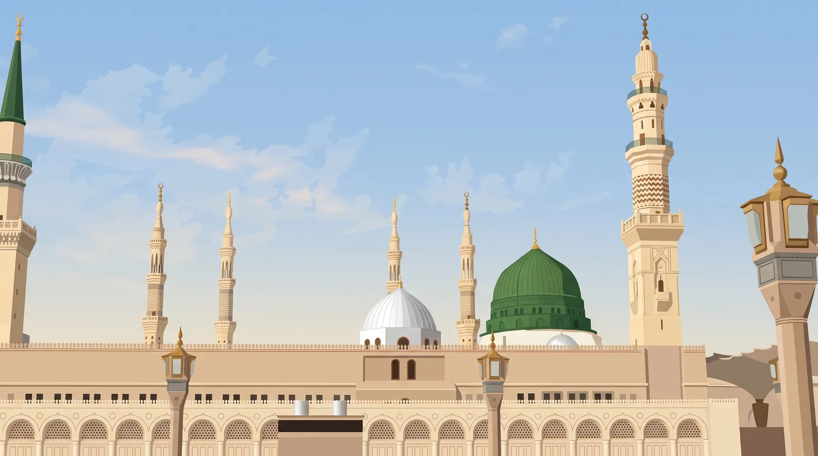 The Prophet's Mosque in Madinah from roof level, with the green dome, the white dome and slim minarets