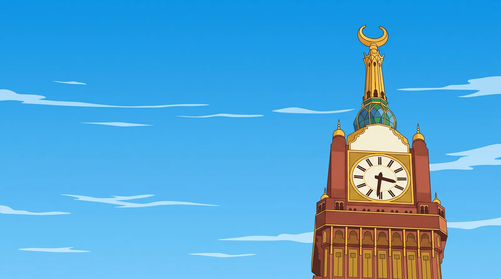 The top of the Makkah Clock Tower in daylight, with its gold crescent and clock face against a bright blue sky