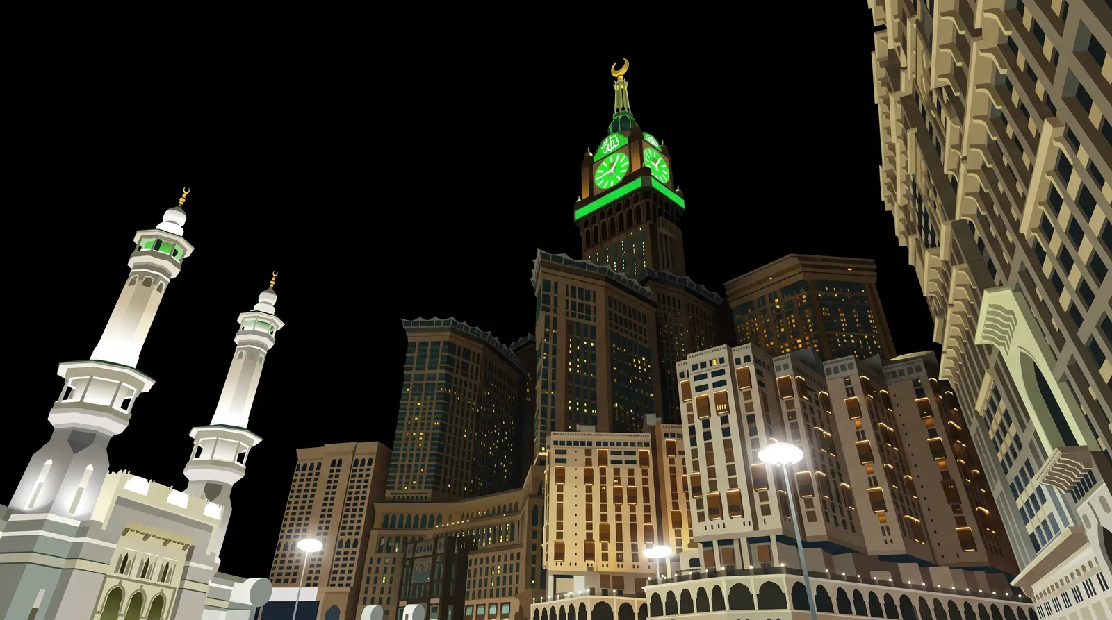Looking up at the Makkah towers at night, with the Clock Tower in the distance and two Haram minarets glowing at the left