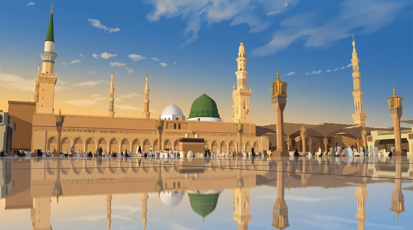 The Prophet's Mosque at golden hour, its green dome and minarets mirrored in the wet marble courtyard