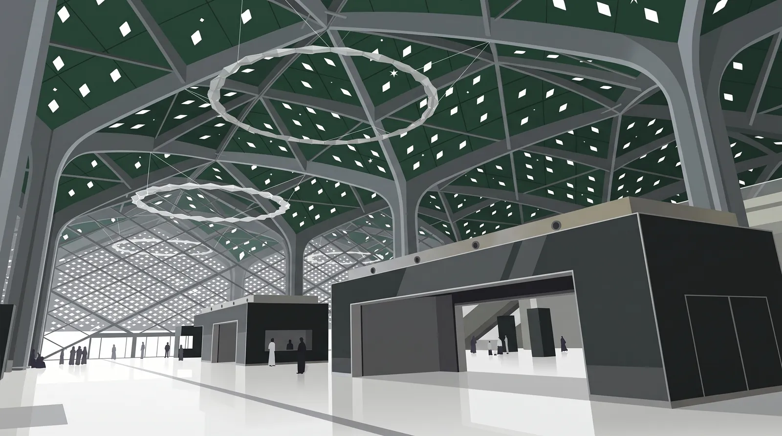The hall of the Haramain high-speed railway station, with a dark green ceiling of white lights on grey steel columns