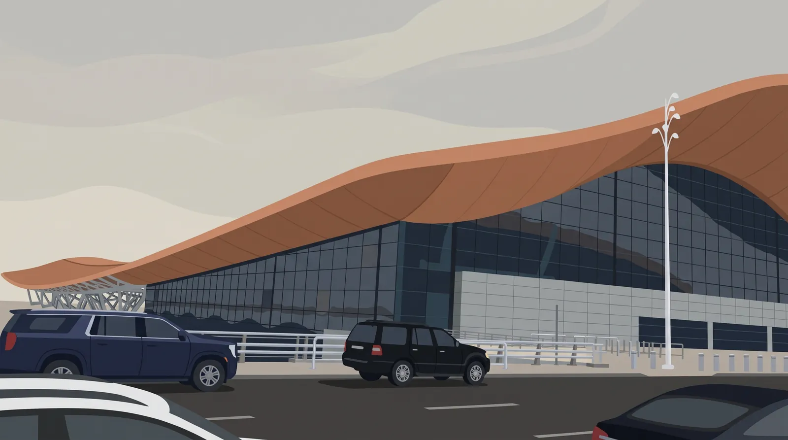 The curved brown roof and glass front of the Jeddah airport terminal, with cars on the drop-off road