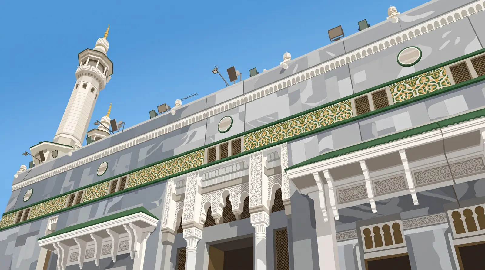 The carved grey and white stone front of the Masjid al-Haram under a blue sky, with a white minaret at the top left