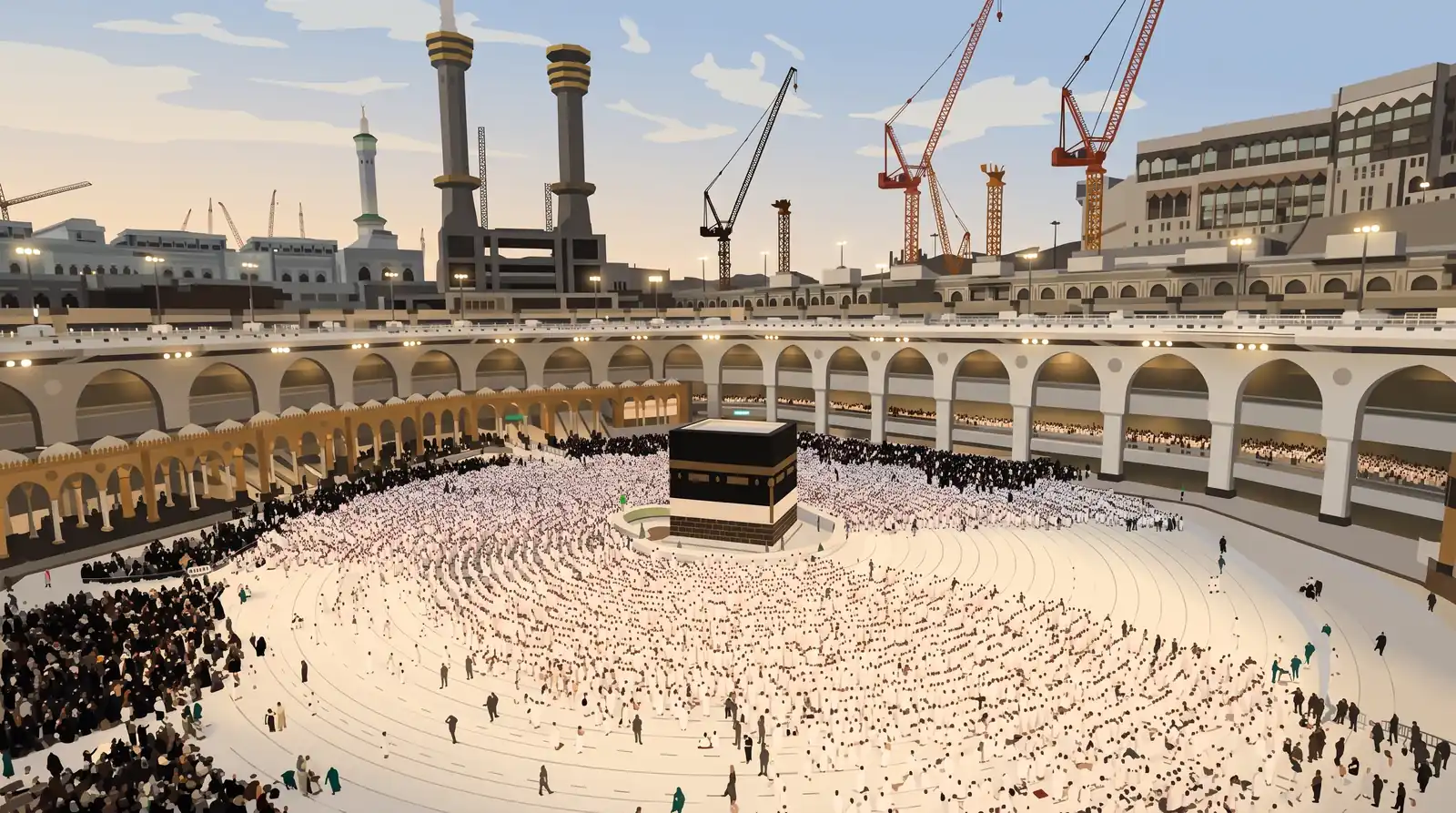 The Kaaba from high above at dusk, with rings of pilgrims on the white marble and the arcades curving behind