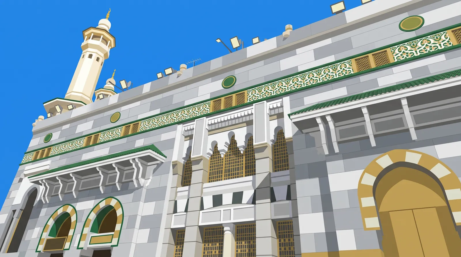 Looking up at the carved stone front of the Masjid al-Haram, with a white minaret and a green and gold frieze