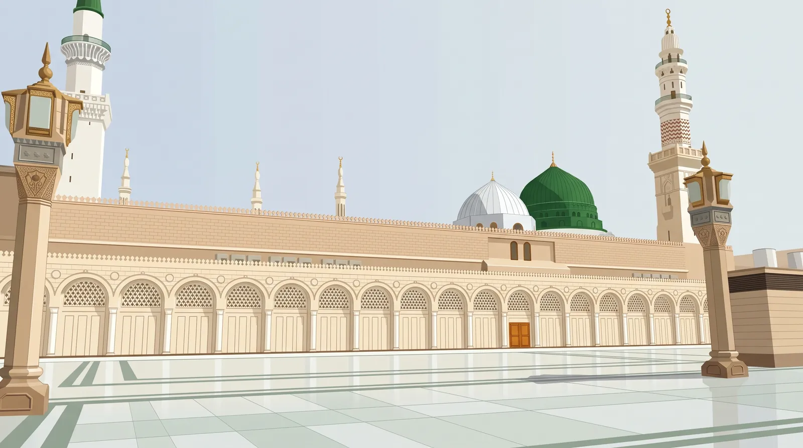 The Prophet's Mosque from its south-west corner in morning light, with the long arcade and the green dome